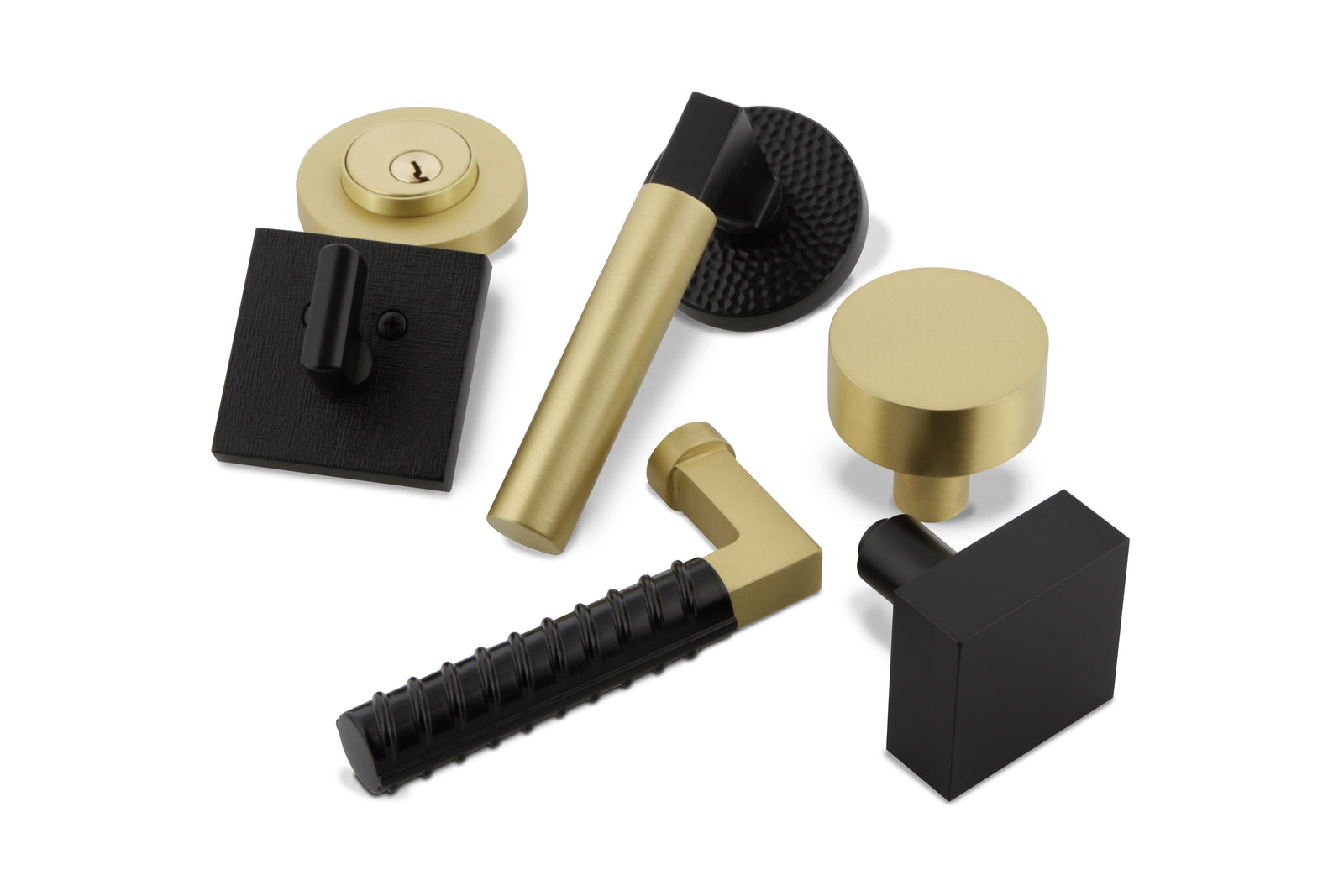 satin brass and black mixed finish luxury modern contemporary door hardware from viaggio