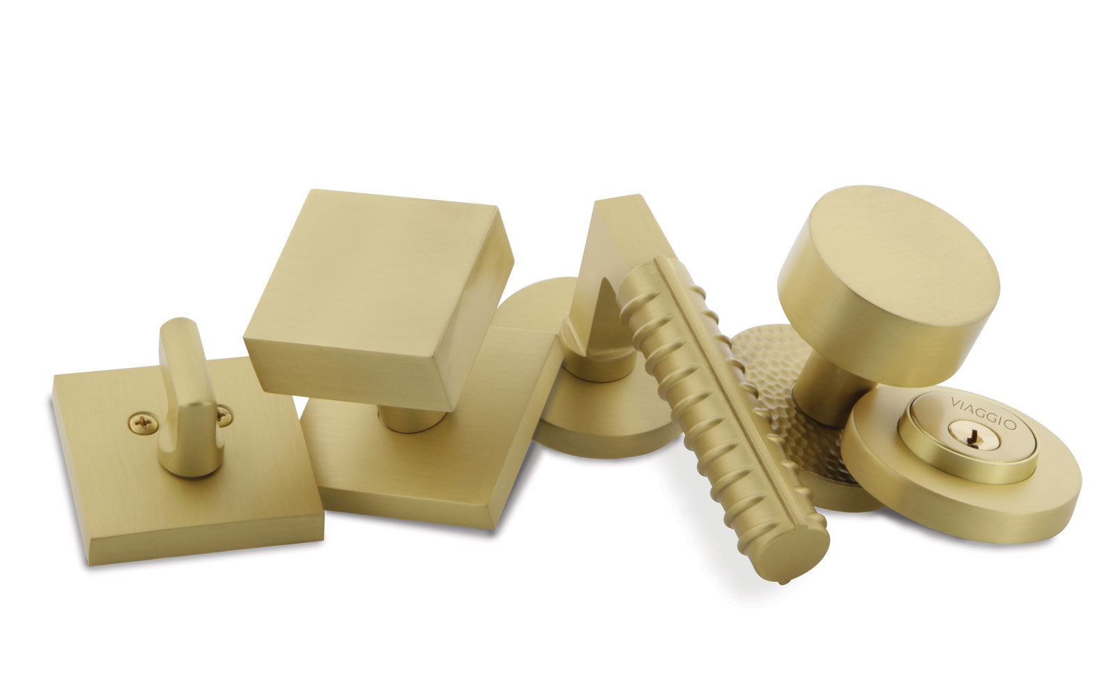 a collection of satin brass door hardware with brass doorknobs and levers and a deadbolt from viaggio hardware