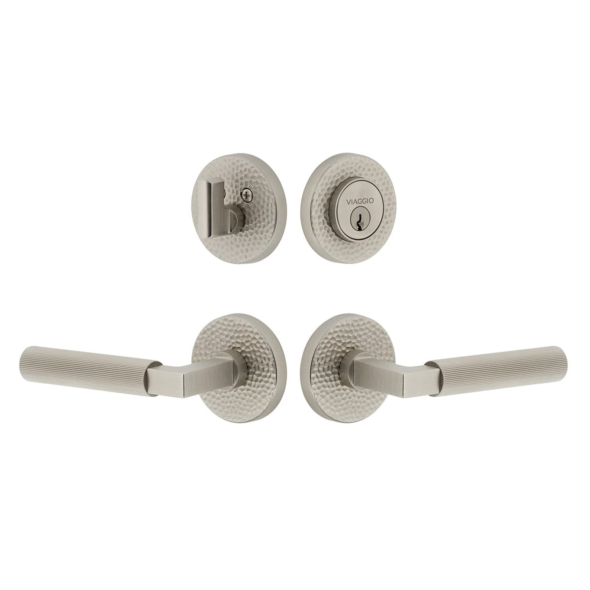 Circolo Hammered Rosette Entry Set with Contempo Fluted Lever  in Satin Nickel
