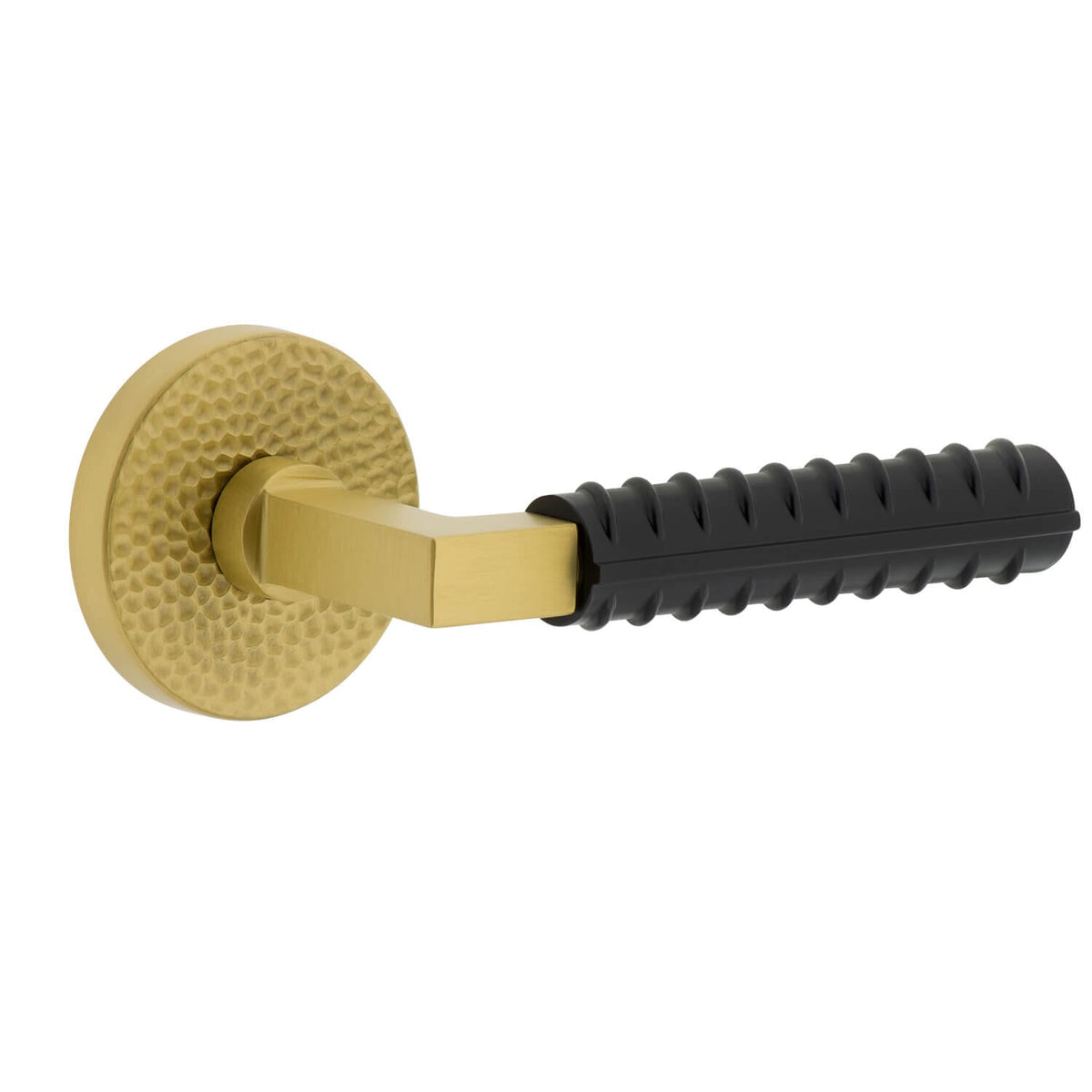 Circolo Hammered Rosette in Satin Brass with Satin Black Contempo Rebar Lever