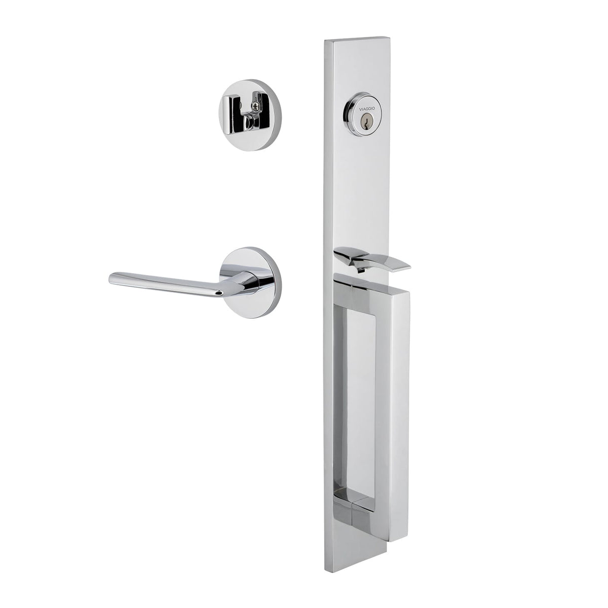 Quadrato One-Piece Handleset with D Grip and Circolo Rosette with Brezza Lever in Bright Chrome