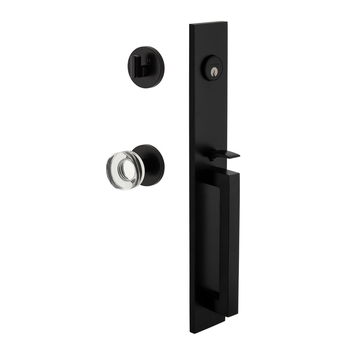 Quadrato One-Piece Handleset with D Grip and Circolo Rosette with Circolo Crystal Knob in Satin Black