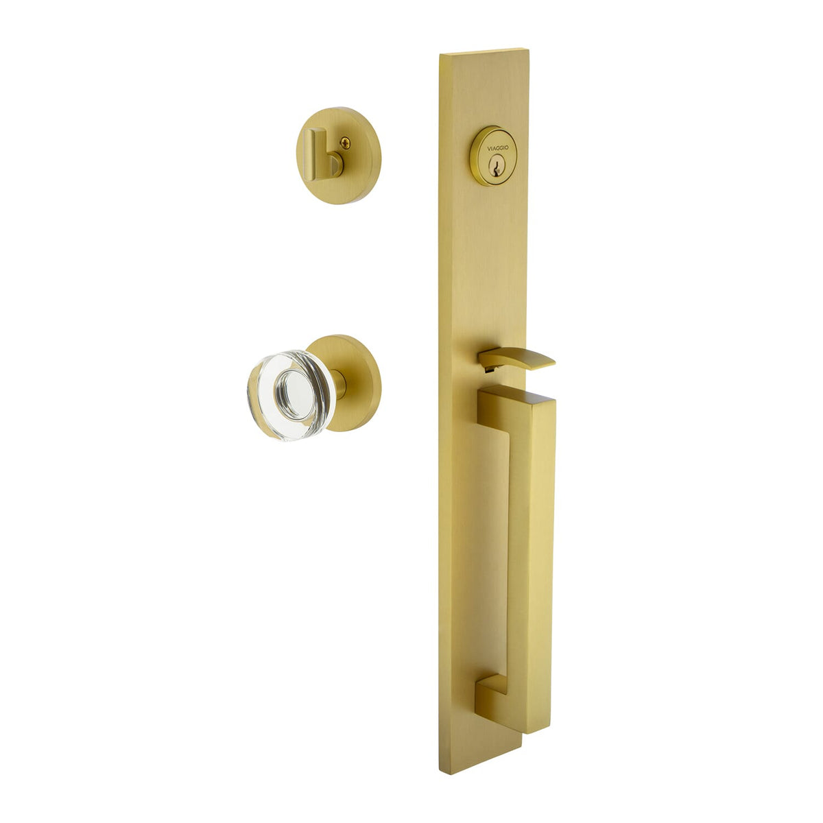 Quadrato One-Piece Handleset with D Grip and Circolo Rosette with Circolo Crystal Knob in Satin Brass