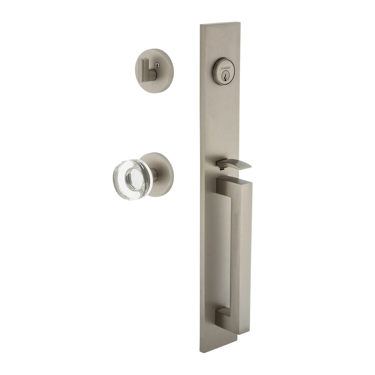 Quadrato One-Piece Handleset with D Grip and Circolo Rosette with Circolo Crystal Knob in Satin Nickel