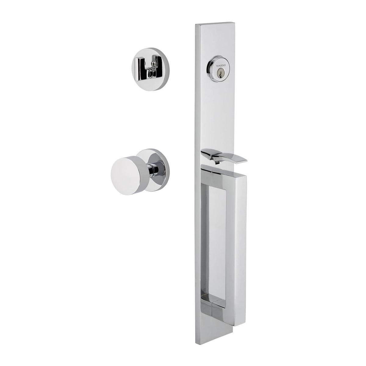 Quadrato One-Piece Handleset with D Grip and Circolo Rosette with Circolo Knob in Bright Chrome