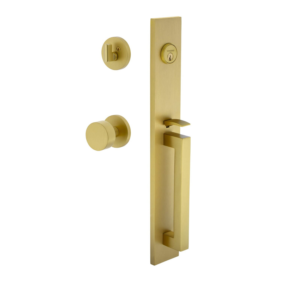 Quadrato One-Piece Handleset with D Grip and Circolo Rosette with Circolo Knob in Satin Brass