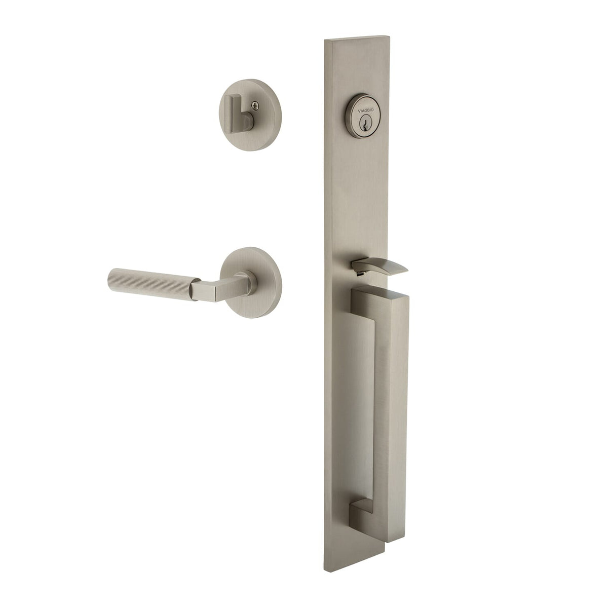 Quadrato One-Piece Handleset with D Grip and Circolo Rosette with Contempo Fluted Lever in Satin Nickel