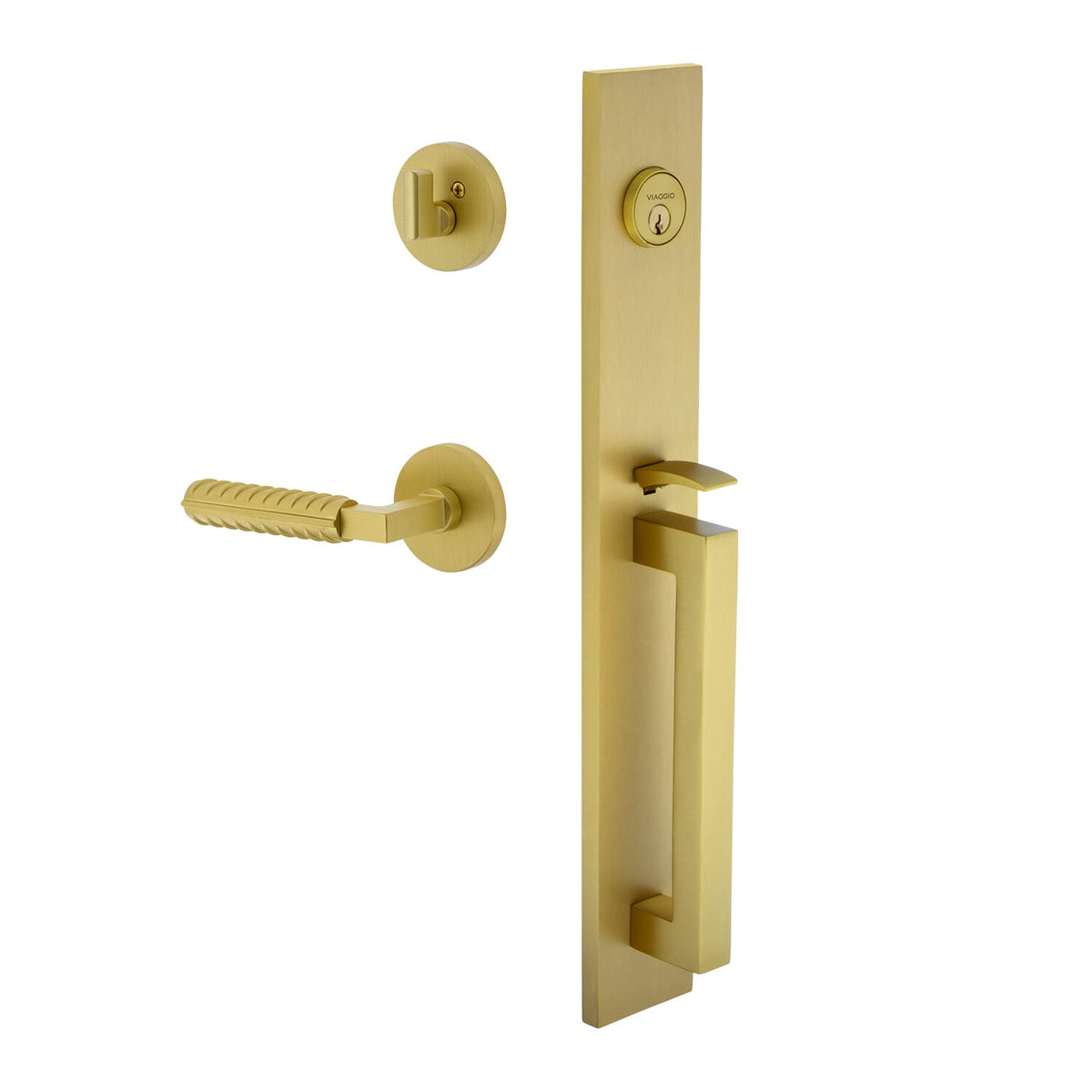 Quadrato One-Piece Handleset with D Grip and Circolo Rosette with Contempo Rebar Lever in Satin Brass