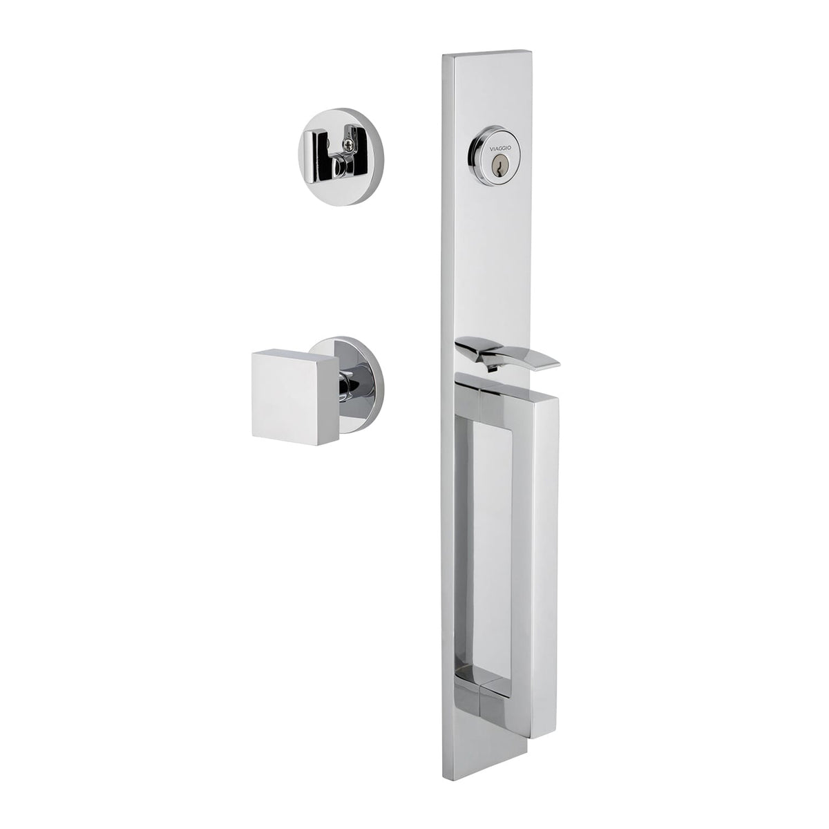 Quadrato One-Piece Handleset with D Grip and Circolo Rosette with Quadrato Knob in Bright Chrome