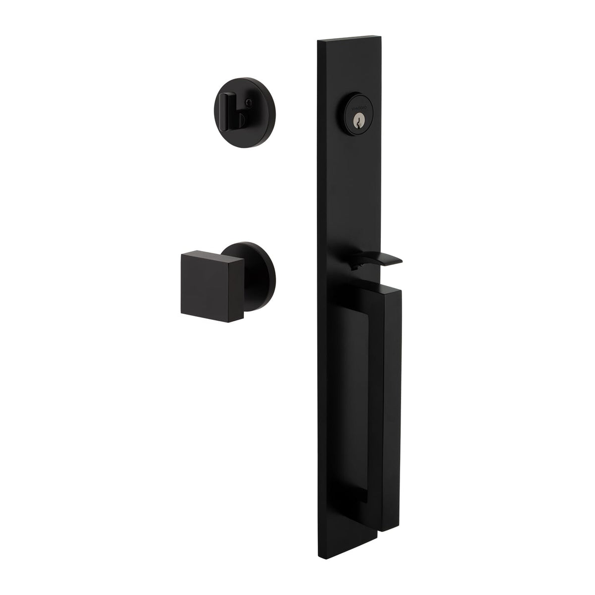 Quadrato One-Piece Handleset with D Grip and Circolo Rosette with Quadrato Knob in Satin Black