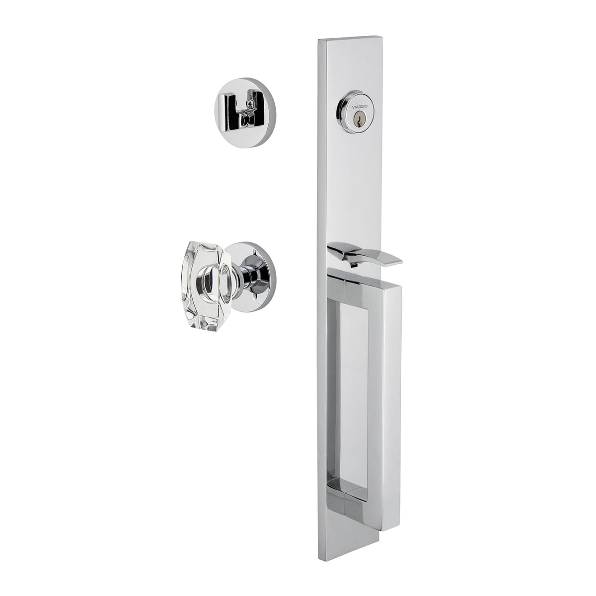 Quadrato One-Piece Handleset with D Grip and Circolo Rosette with Stella Crystal Knob in Bright Chrome