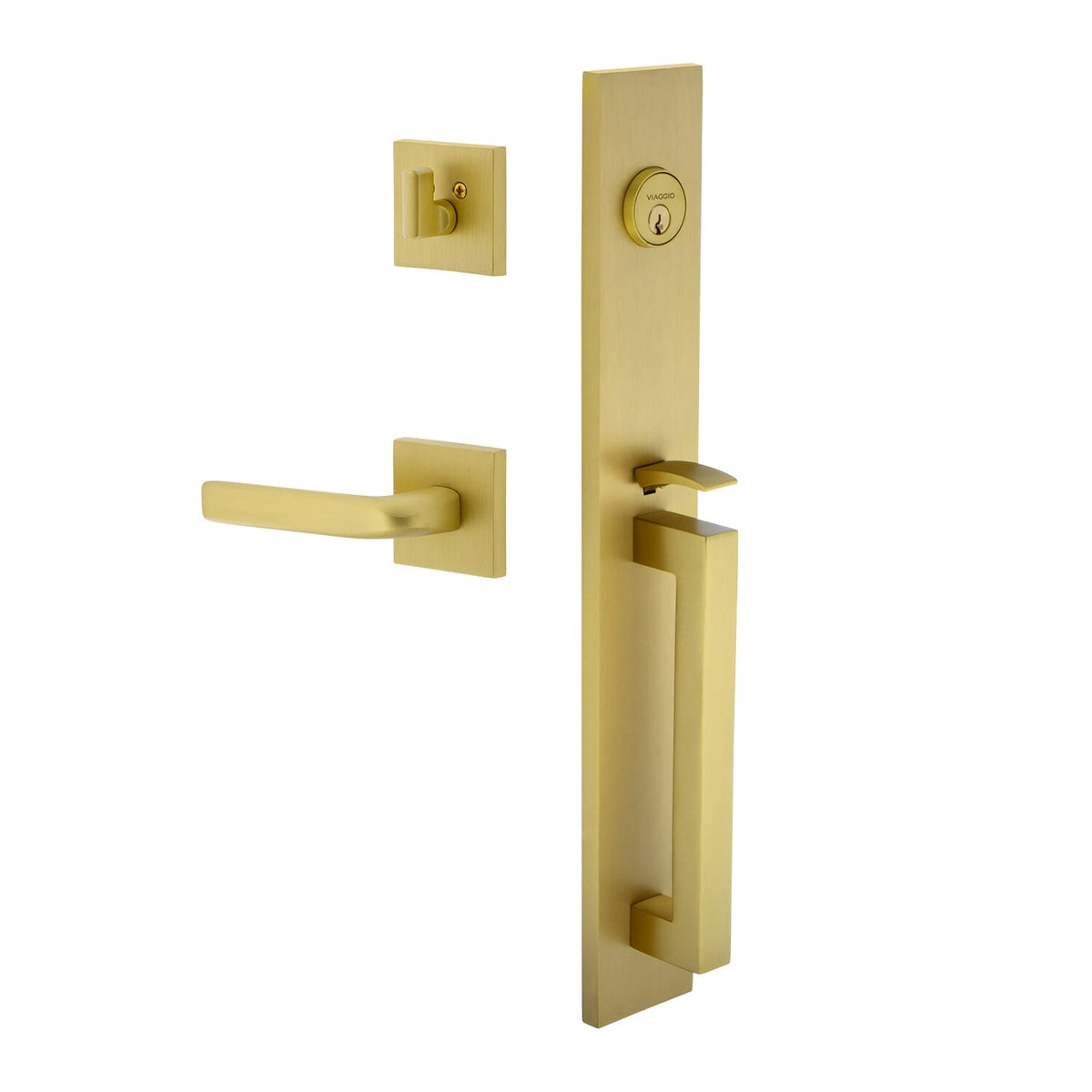 Quadrato One-Piece Handleset with D Grip and Quadrato Rosette with Bella Lever in Satin Brass