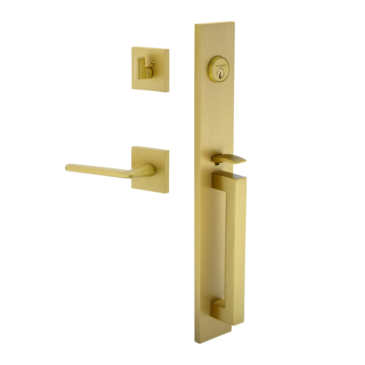 Quadrato One-Piece Handleset with D Grip and Quadrato Rosette with Brezza Lever in Satin Brass