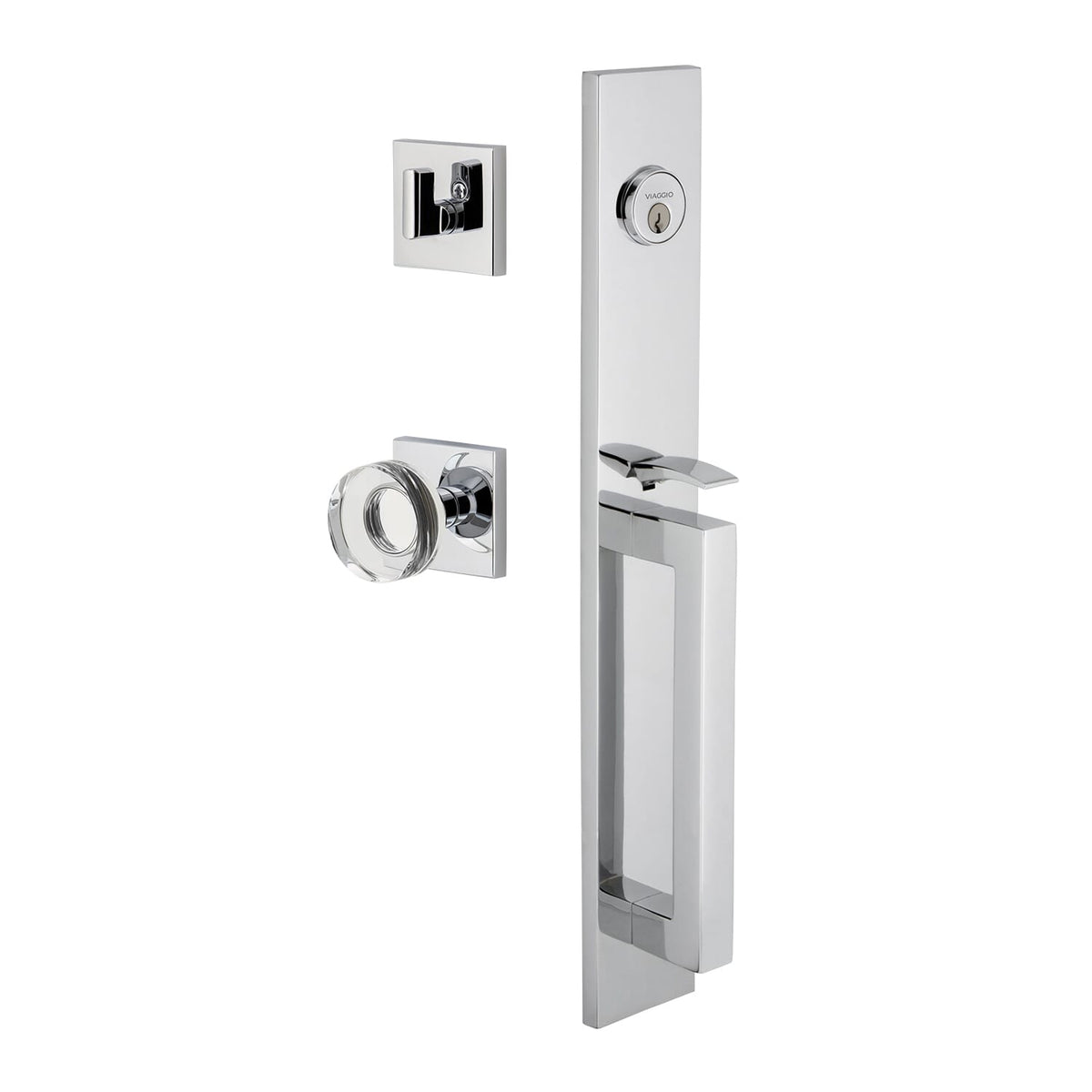 Quadrato One-Piece Handleset with D Grip and Quadrato Rosette with Circolo Crystal Knob in Bright Chrome