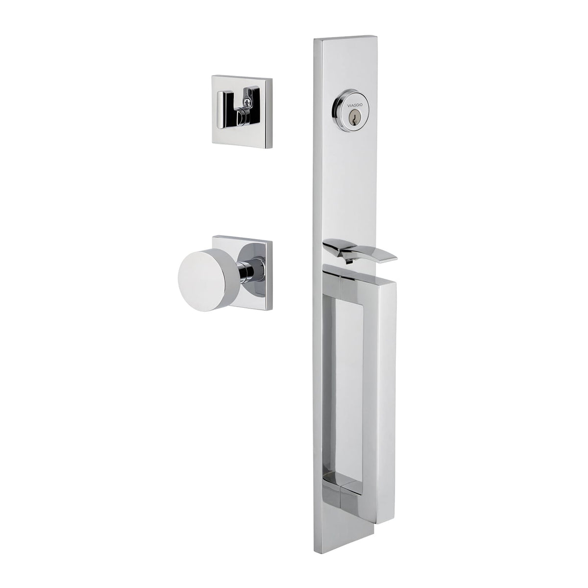 Quadrato One-Piece Handleset with D Grip and Quadrato Rosette with Circolo Knob in Bright Chrome