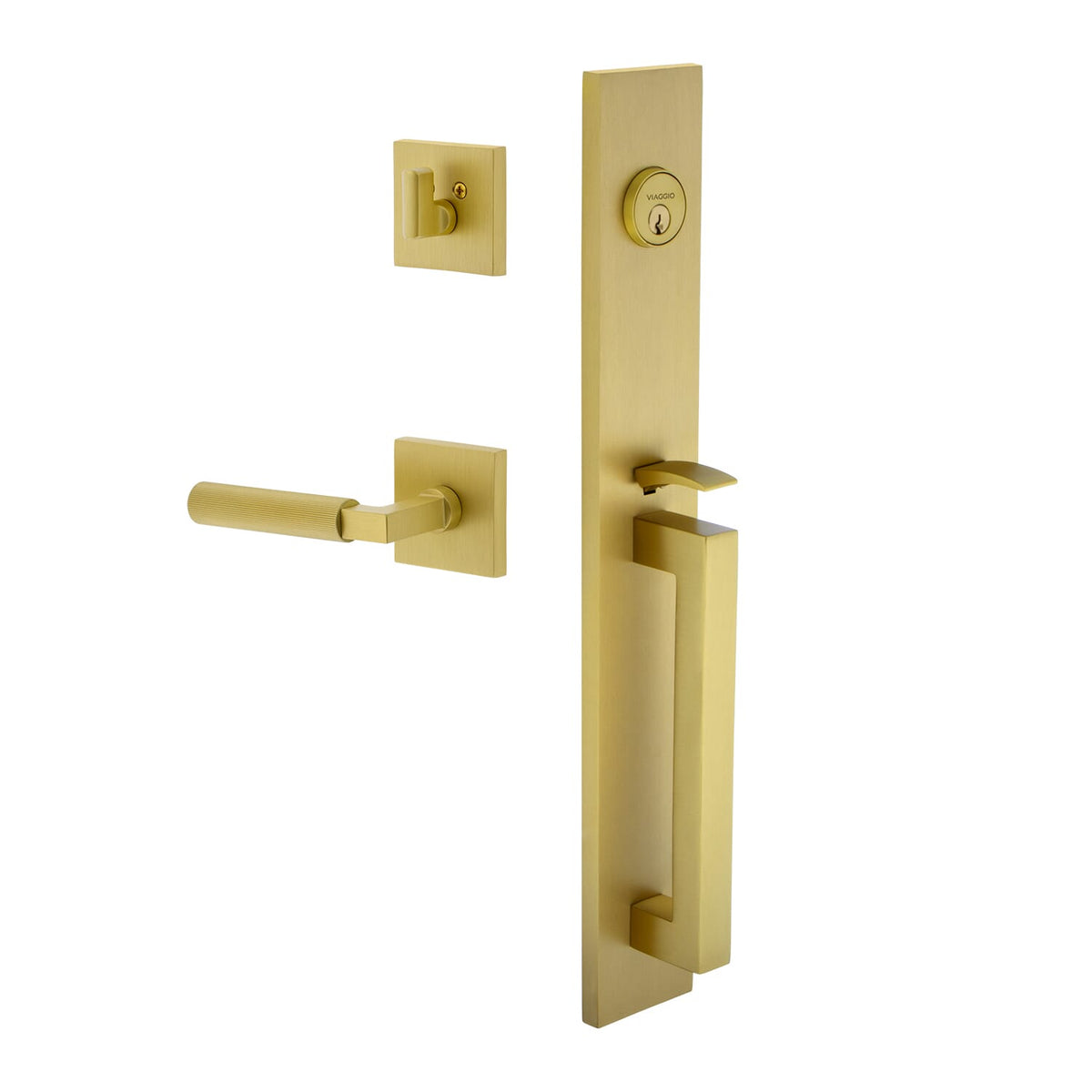 Quadrato One-Piece Handleset with D Grip and Quadrato Rosette with Contempo Fluted Lever in Satin Brass