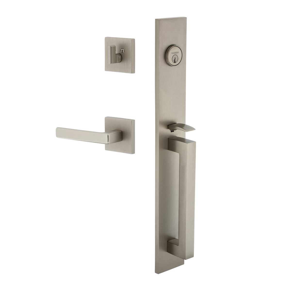 Quadrato One-Piece Handleset with D Grip and Quadrato Rosette with Lusso Lever in Satin Nickel