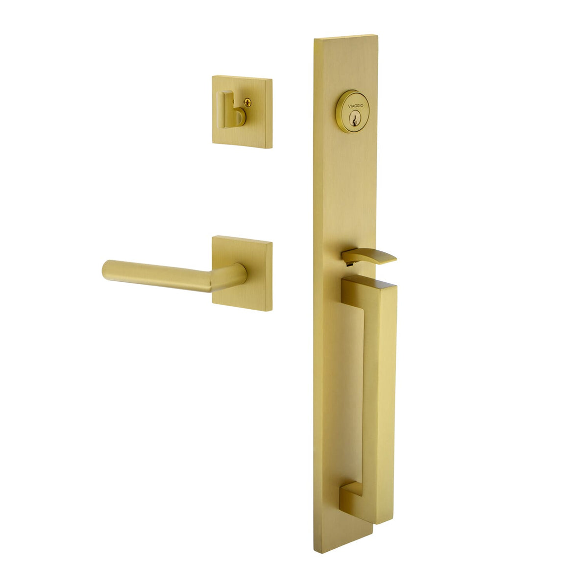 Quadrato One-Piece Handleset with D Grip and Quadrato Rosette with Moderno Lever in Satin Brass