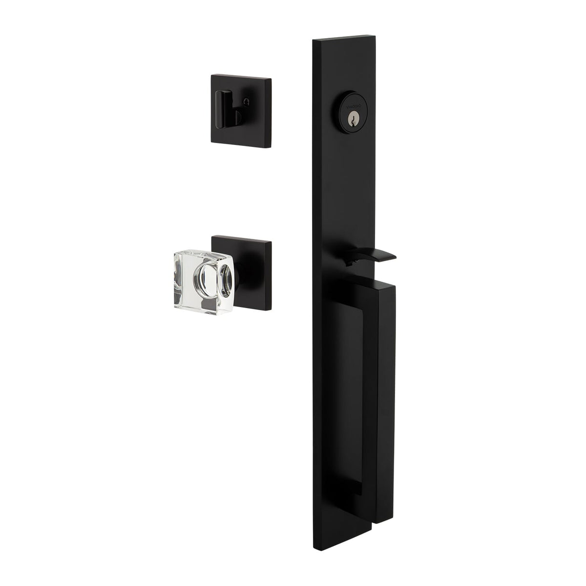 Quadrato One-Piece Handleset with D Grip and Quadrato Rosette with Quadrato Crystal Knob in Satin Black