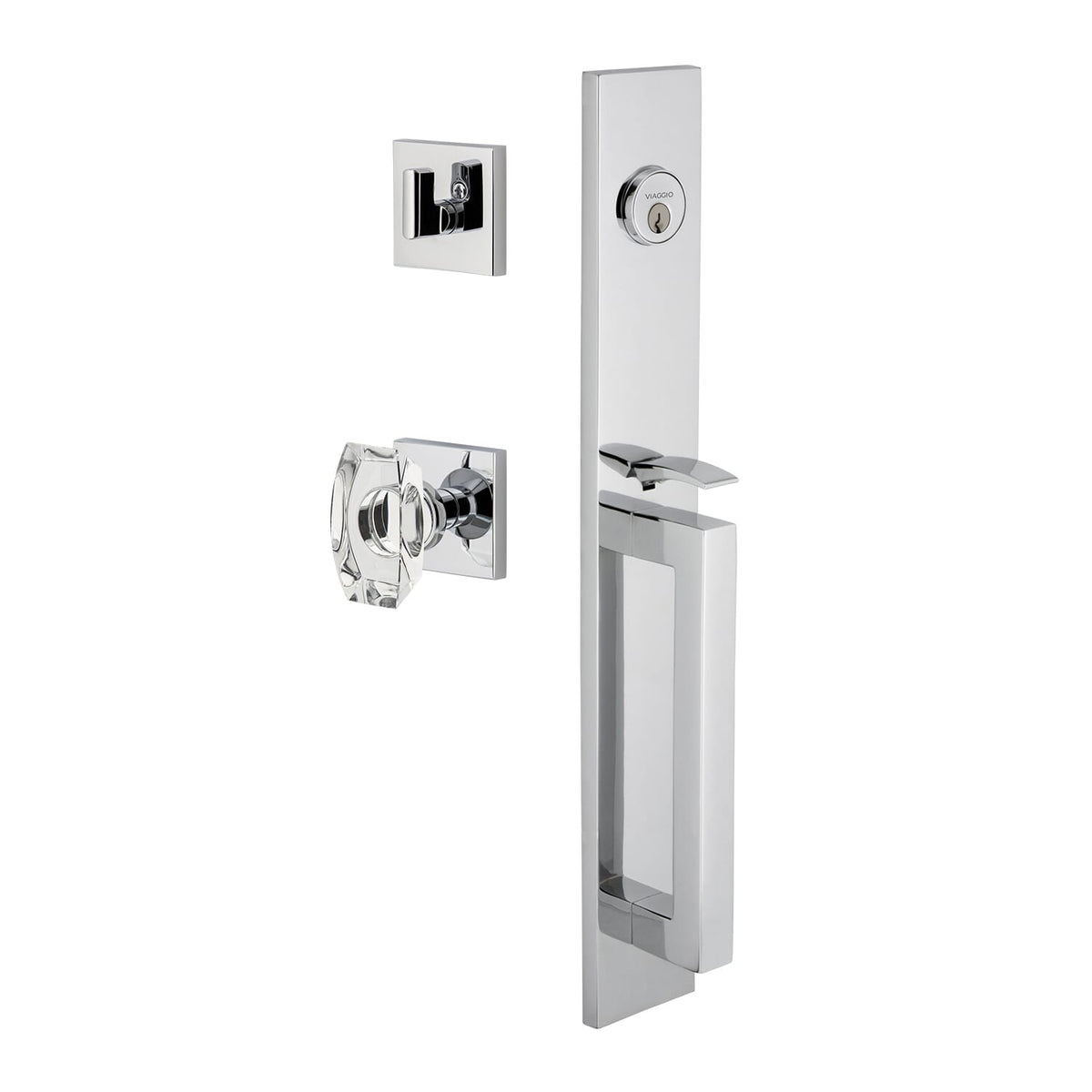 Quadrato One-Piece Handleset with D Grip and Quadrato Rosette with Stella Crystal Knob in Bright Chrome