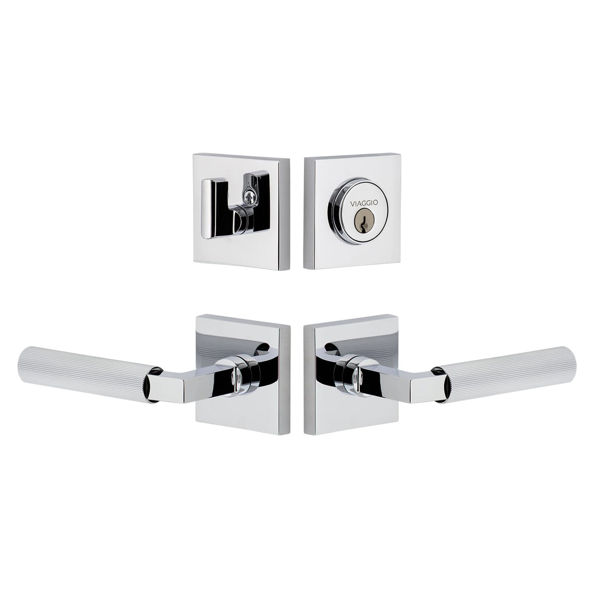 Quadrato Rosette Entry Set with Contempo Fluted Lever  in Bright Chrome