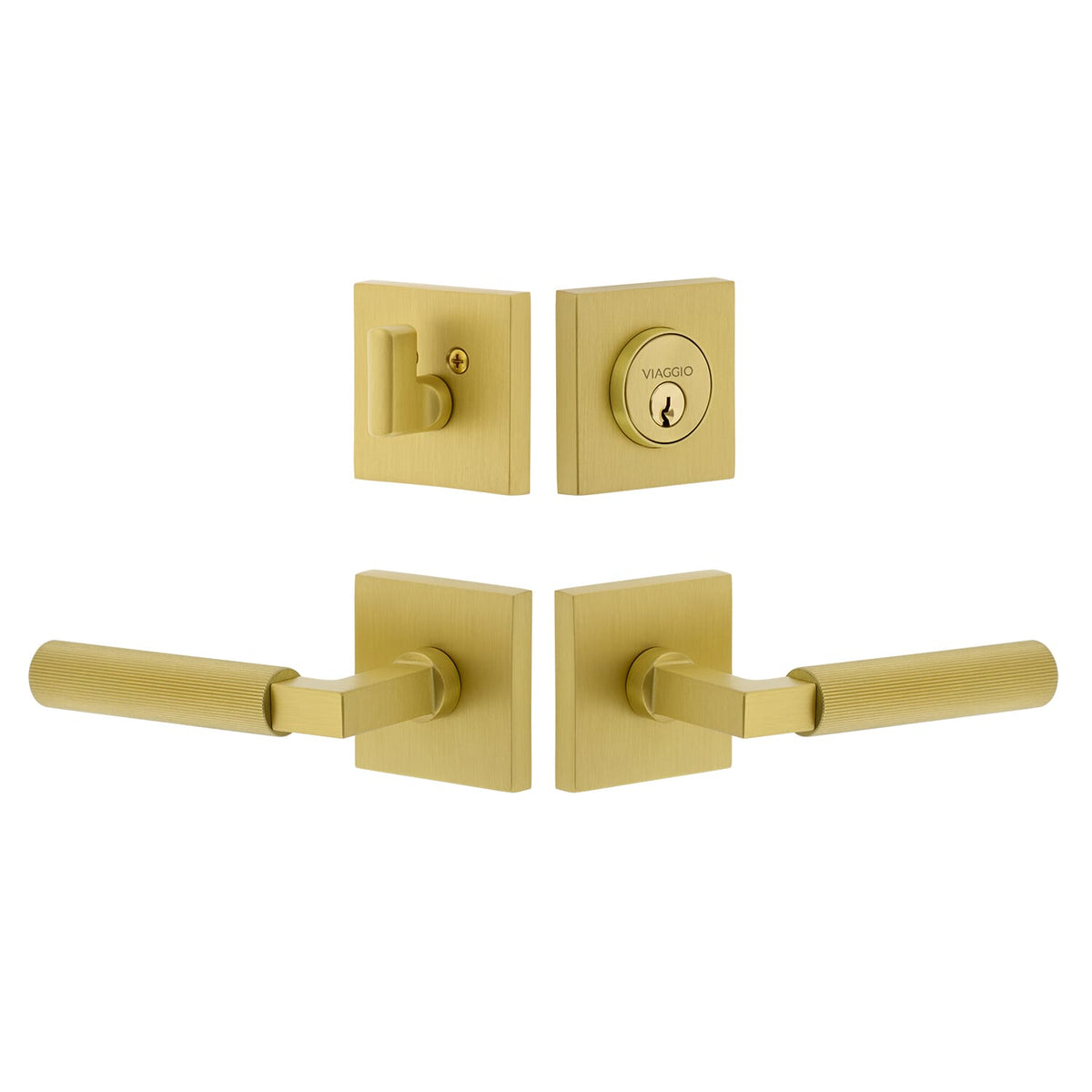 Quadrato Rosette Entry Set with Contempo Fluted Lever  in Satin Brass