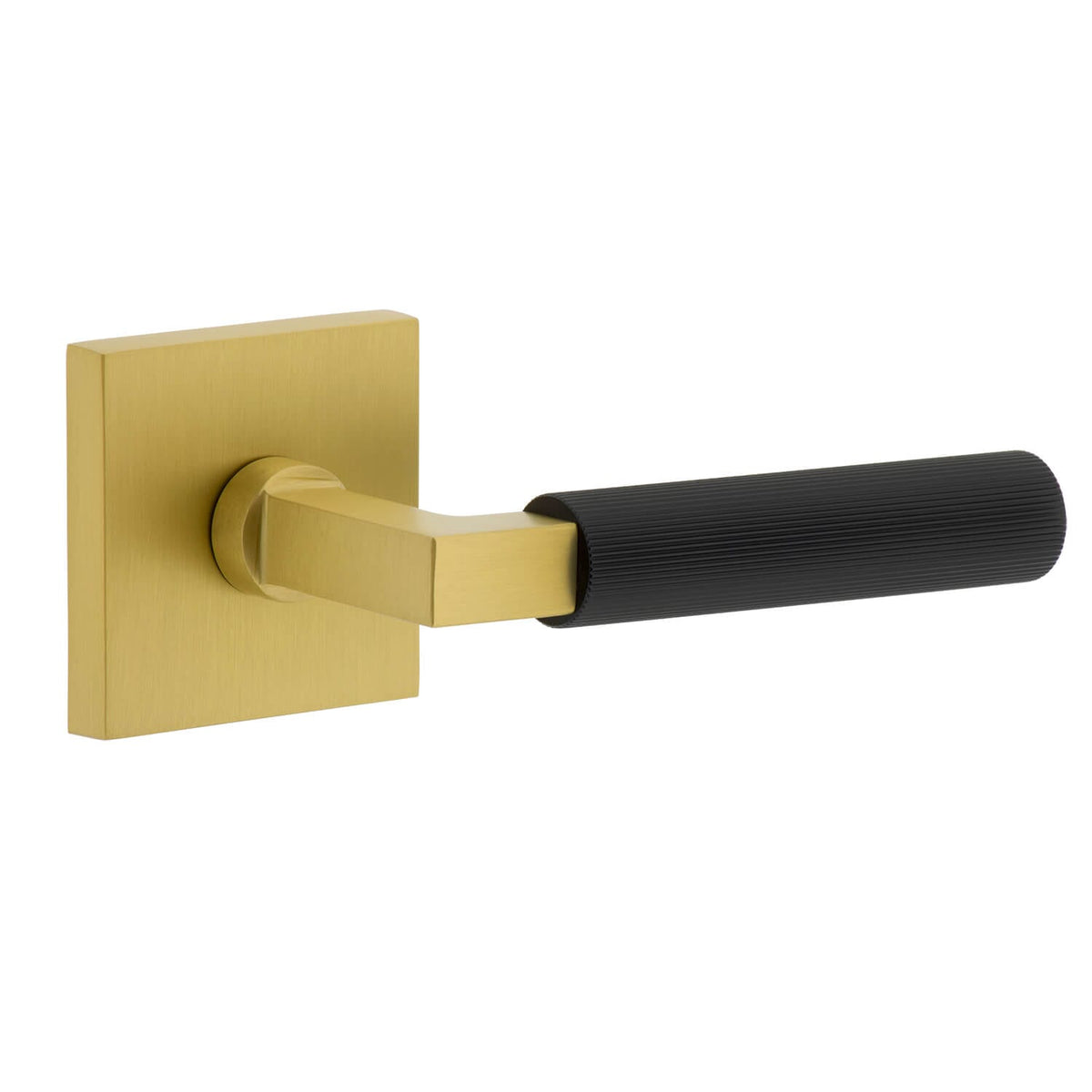 Quadrato Rosette in Satin Brass with Satin Black Contempo Fluted Lever