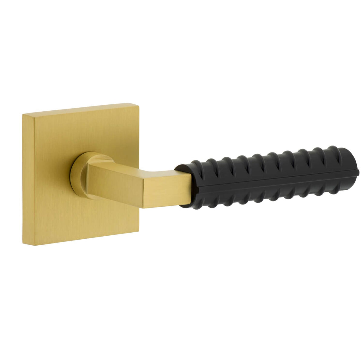 Quadrato Rosette in Satin Brass with Satin Black Contempo Rebar Lever