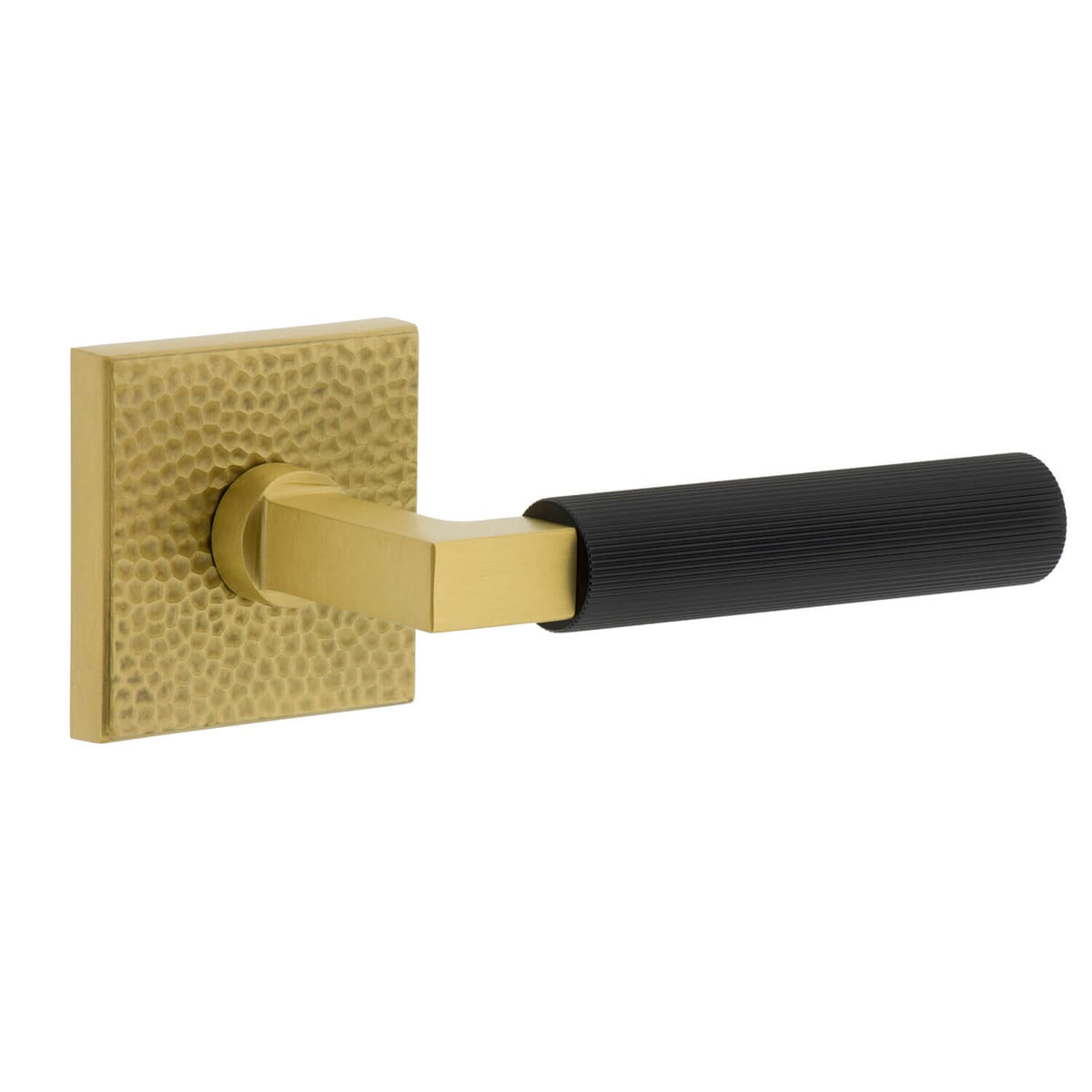 Quadrato Hammered Rosette in Satin Brass with Satin Black Contempo Fluted Lever