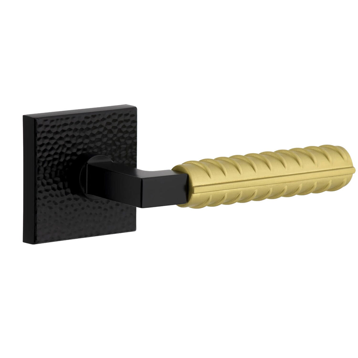 Quadrato Hammered Rosette in Satin Black with Satin Brass Contempo Rebar Lever