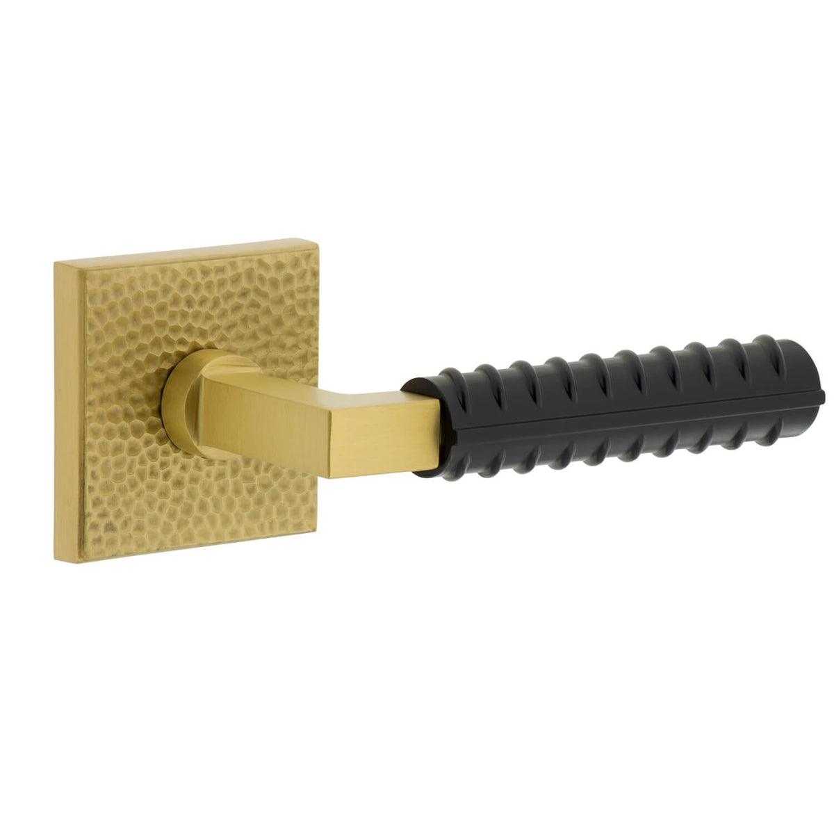 Quadrato Hammered Rosette in Satin Brass with Satin Black Contempo Rebar Lever