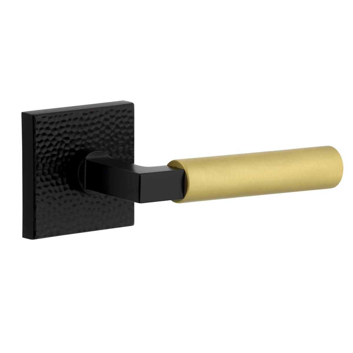 Quadrato Hammered Rosette in Satin Black with Satin Brass Contempo Smooth Lever