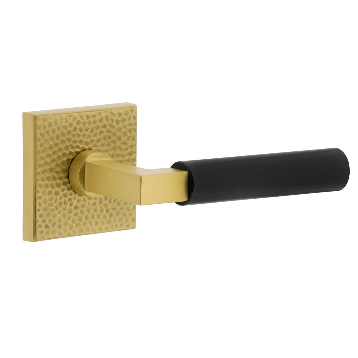 Quadrato Hammered Rosette in Satin Brass with Satin Black Contempo Smooth Lever