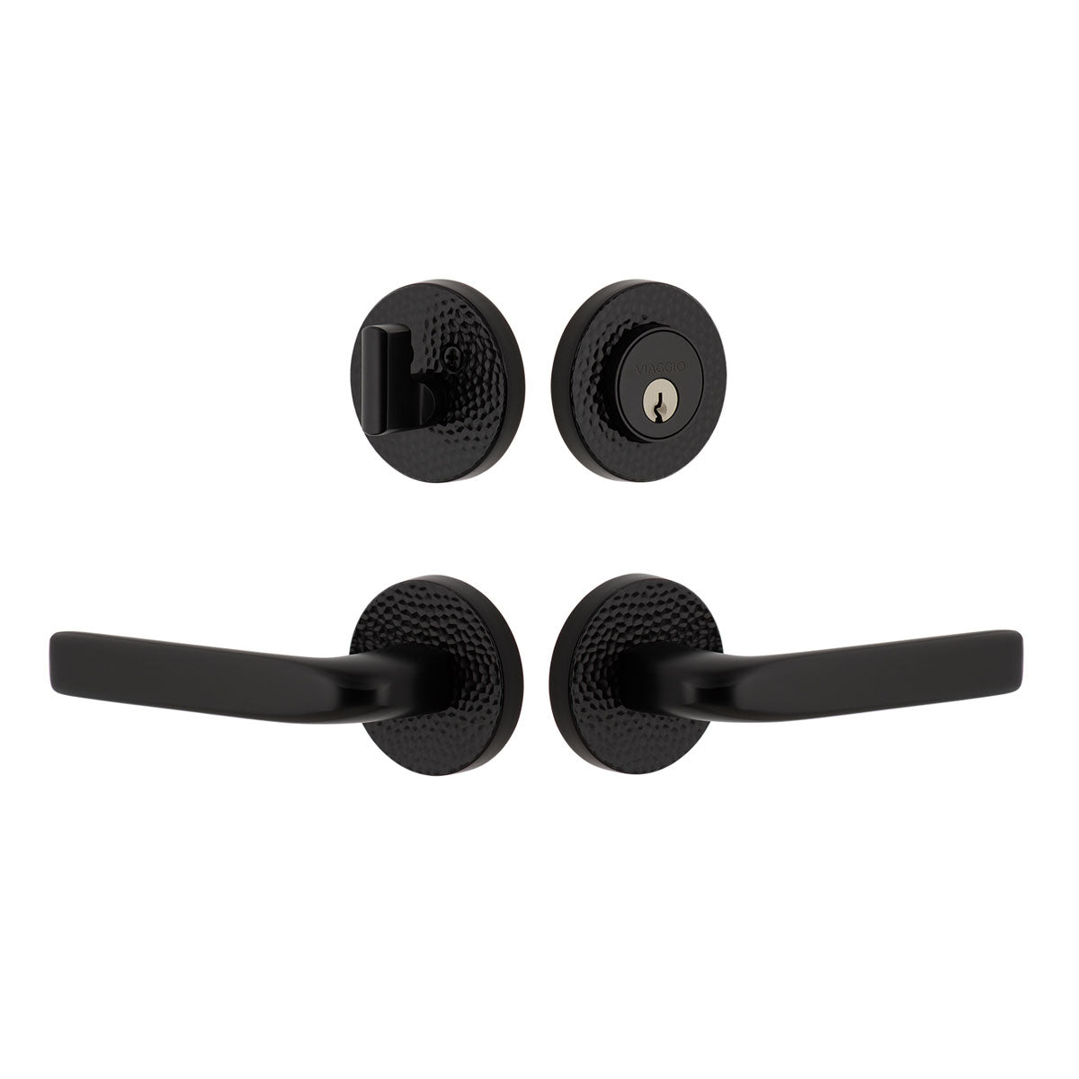 Circolo Hammered Rosette Entry Set with Bella Lever in Satin Black