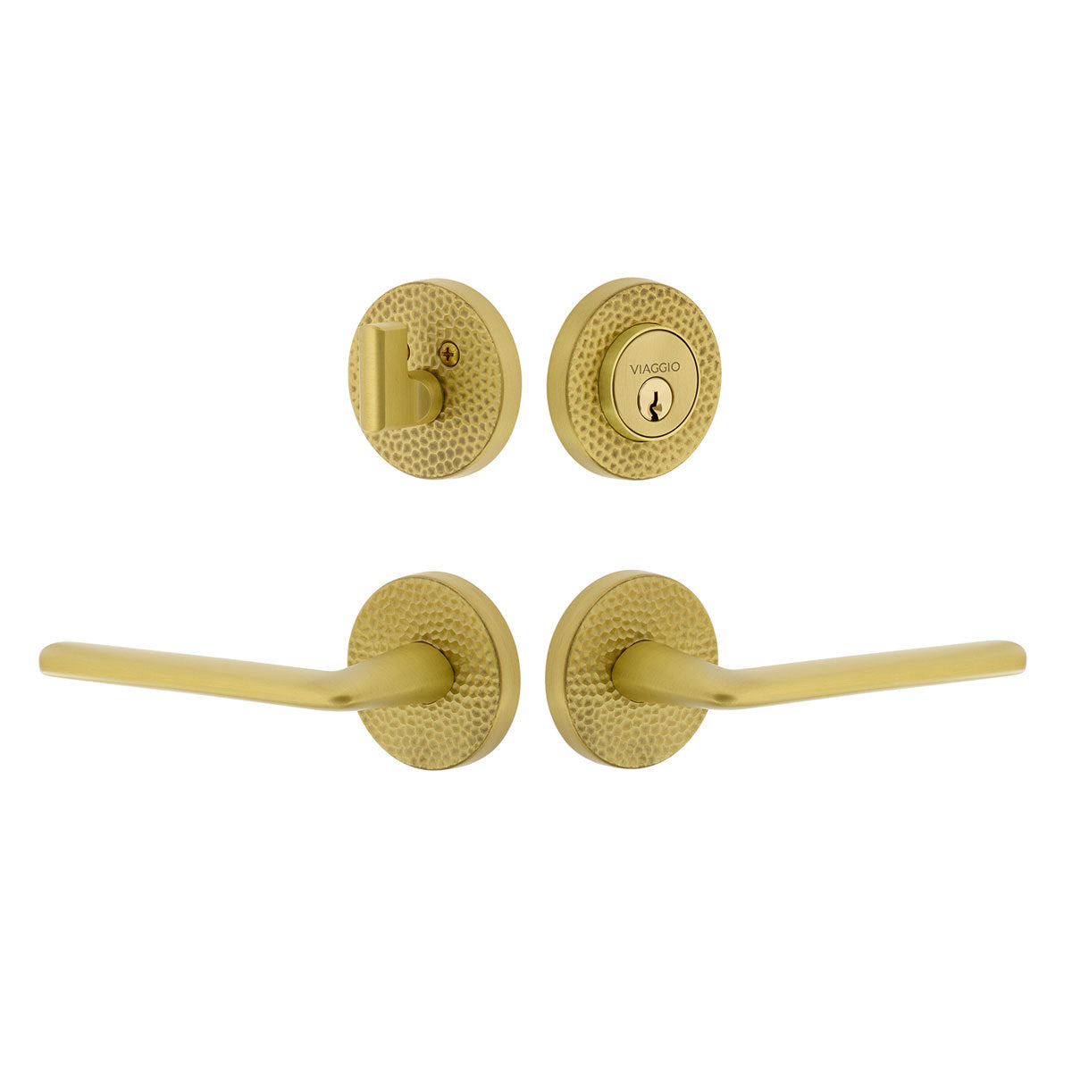 Circolo Hammered Rosette Entry Set with Brezza Lever in Satin Brass
