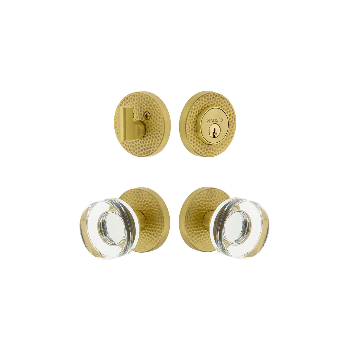 Circolo Hammered Rosette Entry Set with Circolo Crystal Knob in Satin Brass