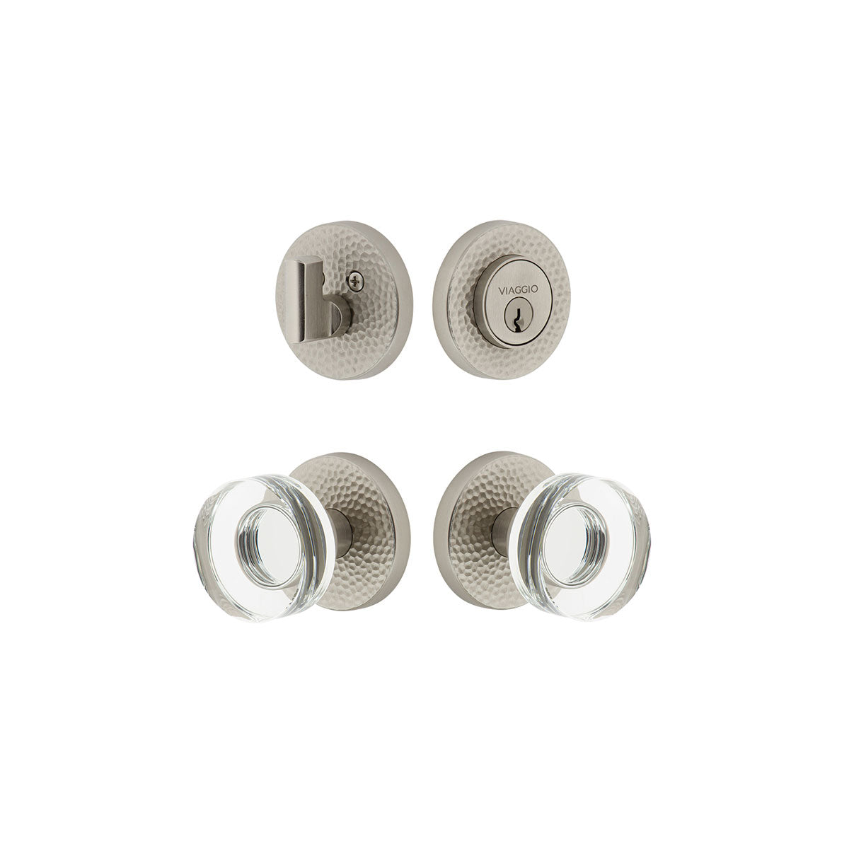 Circolo Hammered Rosette Entry Set with Circolo Crystal Knob in Satin Nickel