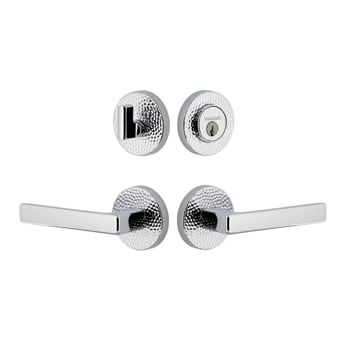 Circolo Hammered Rosette Entry Set with Lusso Lever in Bright Chrome