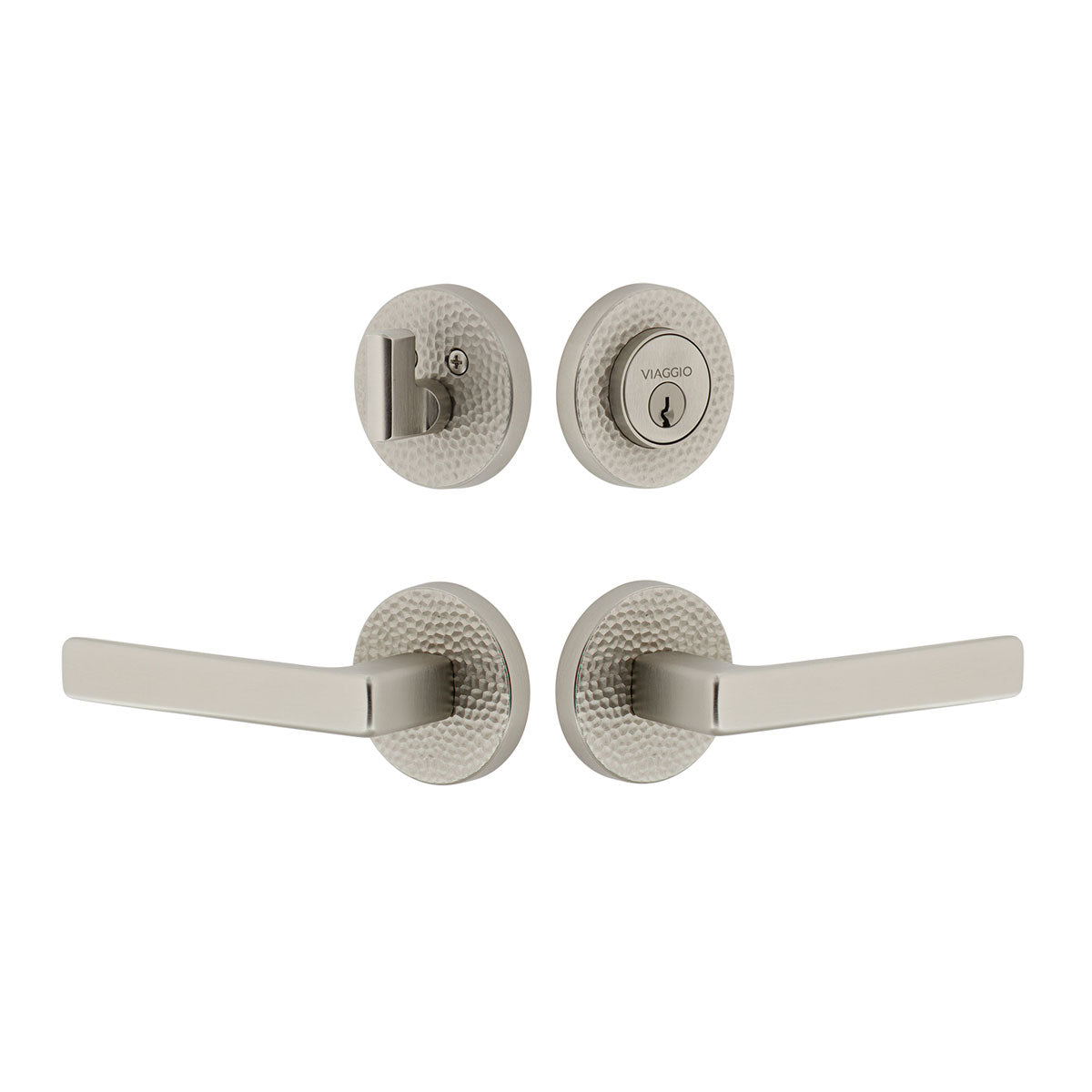 Circolo Hammered Rosette Entry Set with Lusso Lever in Satin Nickel