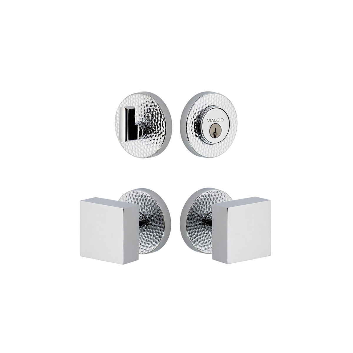 Circolo Hammered Rosette Entry Set with Quadrato Knob in Bright Chrome