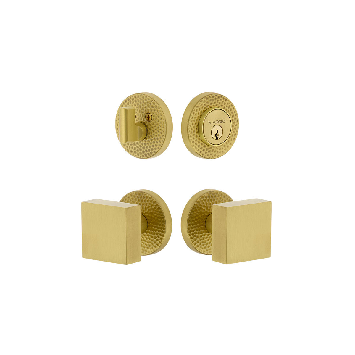 Circolo Hammered Rosette Entry Set with Quadrato Knob in Satin Brass