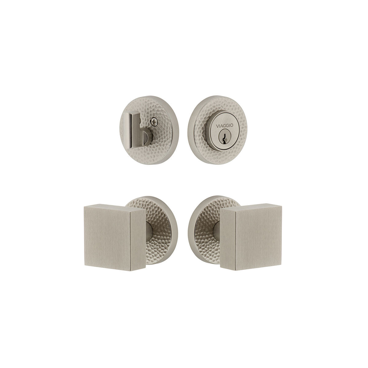 Circolo Hammered Rosette Entry Set with Quadrato Knob in Satin Nickel