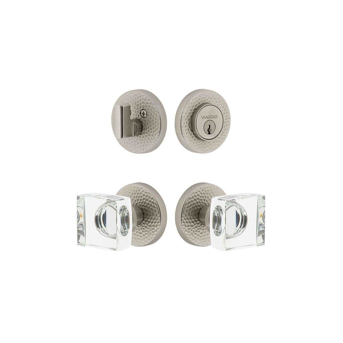 Circolo Hammered Rosette Entry Set with Quadrato Crystal Knob in Satin Nickel