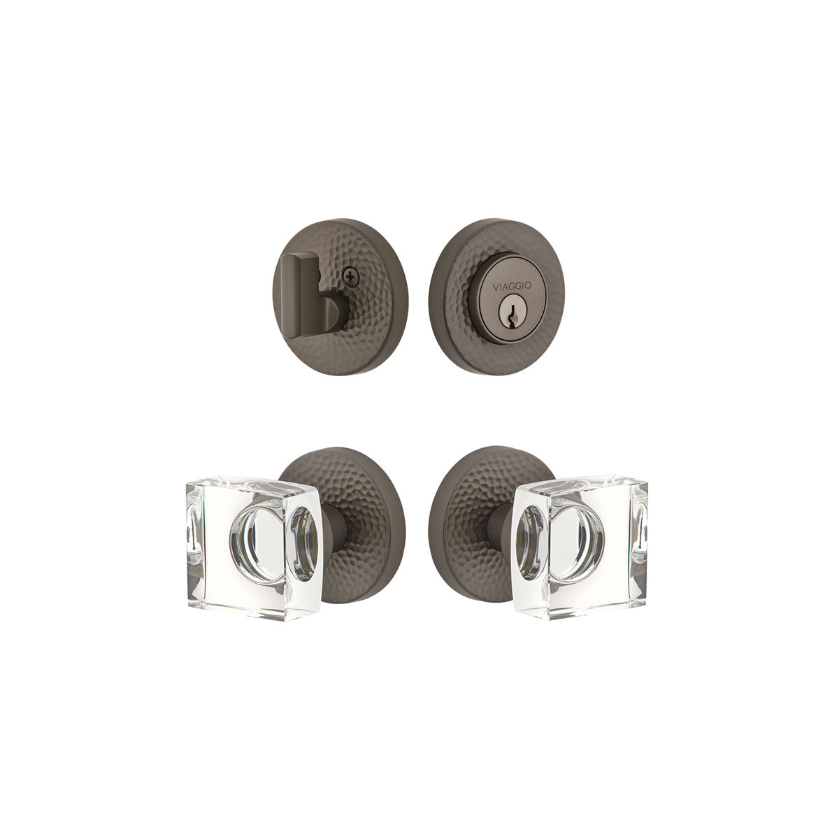 Circolo Hammered Rosette Entry Set with Quadrato Crystal Knob in Titanium Gray