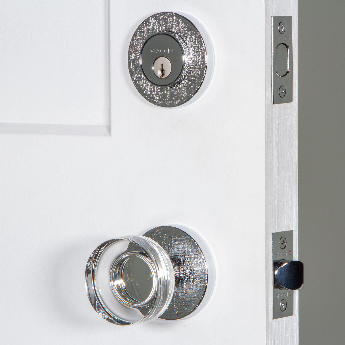 Circolo Linen Rosette Entry Set with Circolo Crystal Knob in Bright Chrome