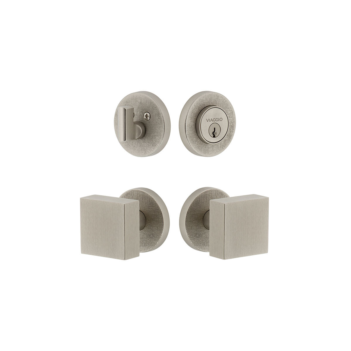 Circolo Linen Rosette Entry Set with Quadrato Knob in Satin Nickel