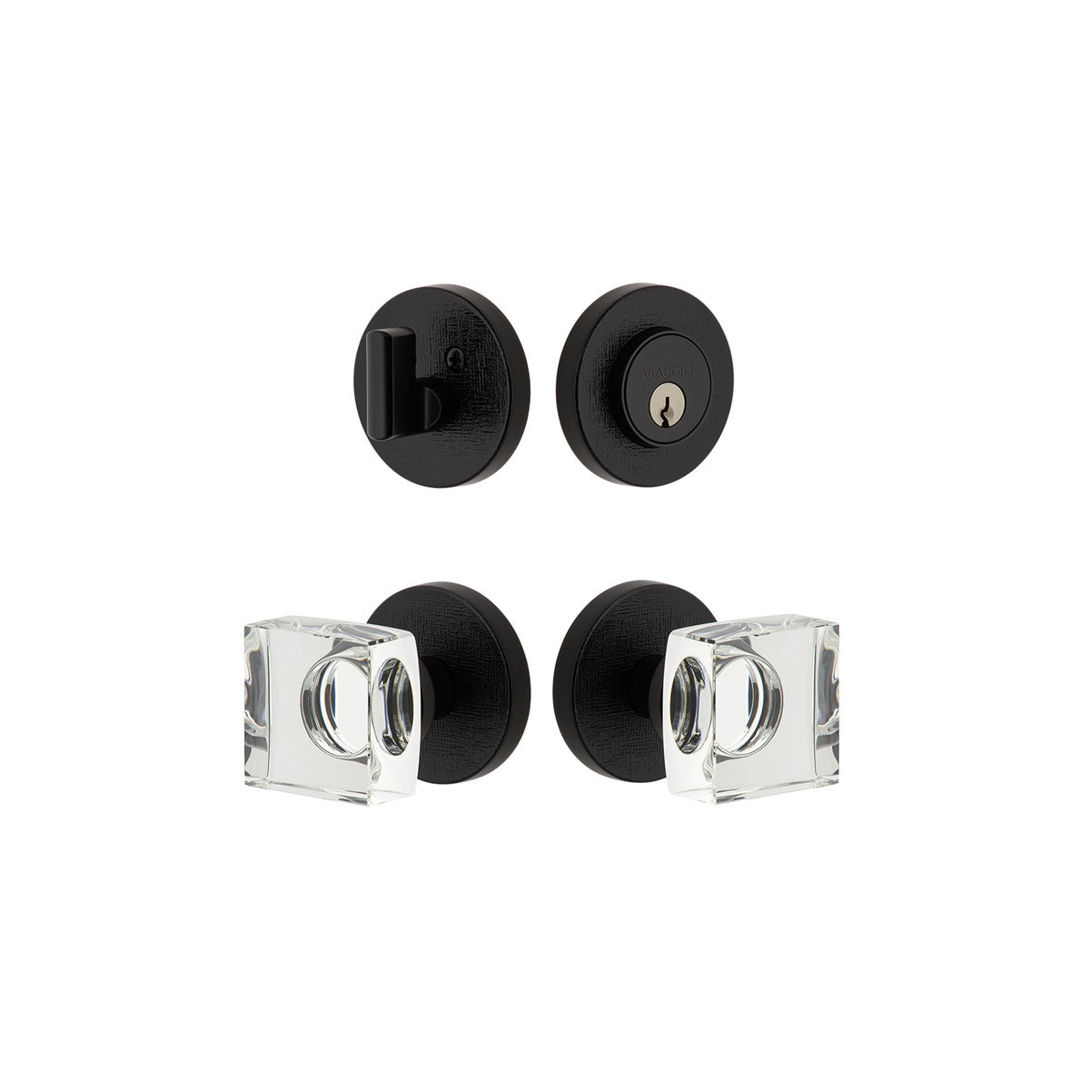 Circolo Linen Rosette Entry Set with Quadrato Crystal Knob in Satin Black