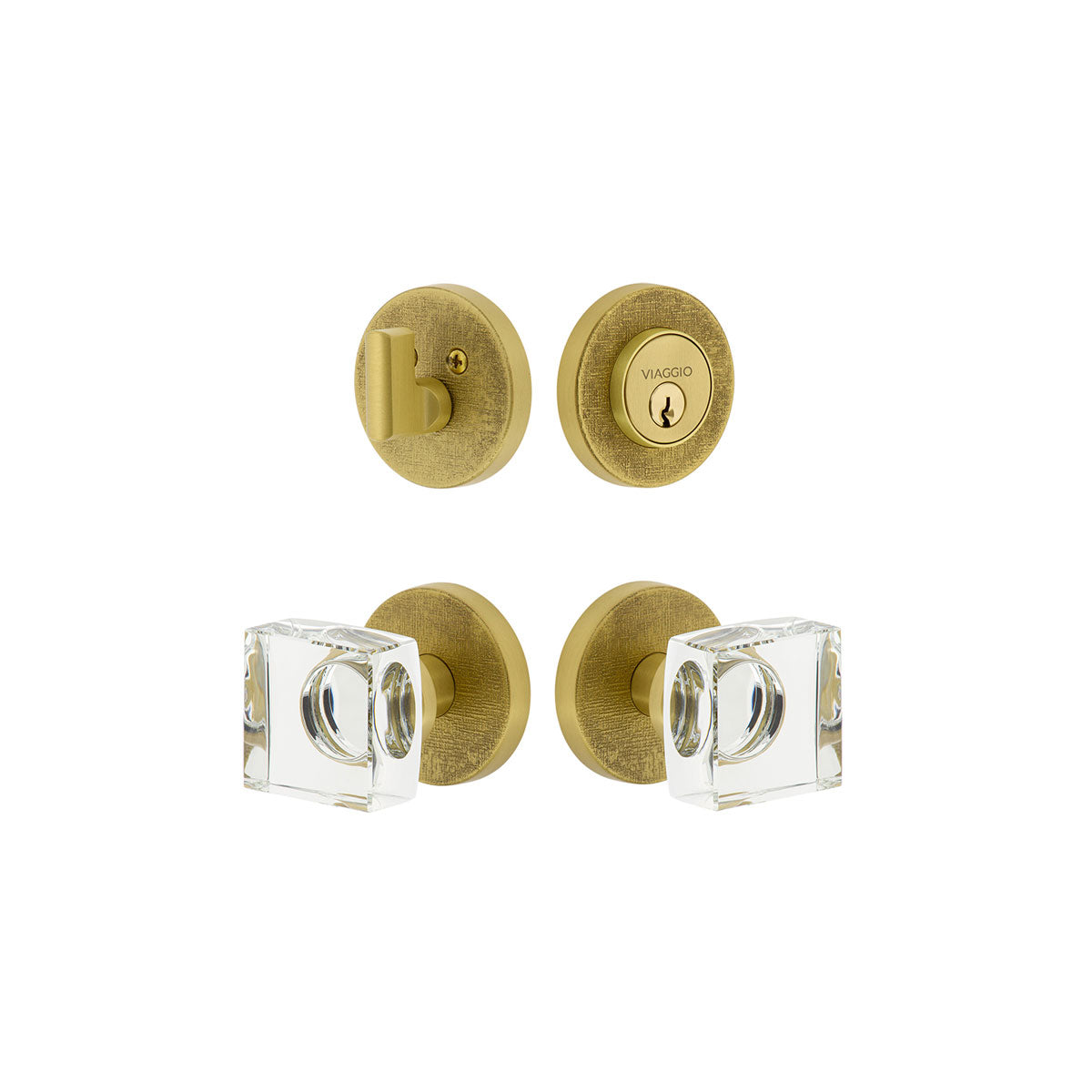 Circolo Linen Rosette Entry Set with Quadrato Crystal Knob in Satin Brass