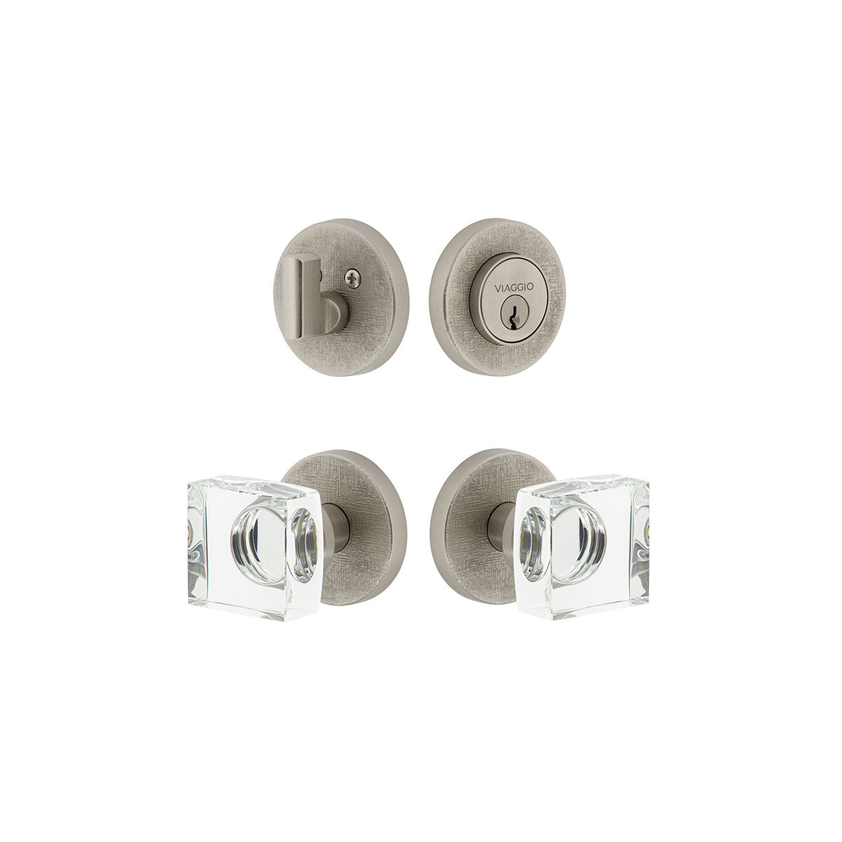 Circolo Linen Rosette Entry Set with Quadrato Crystal Knob in Satin Nickel