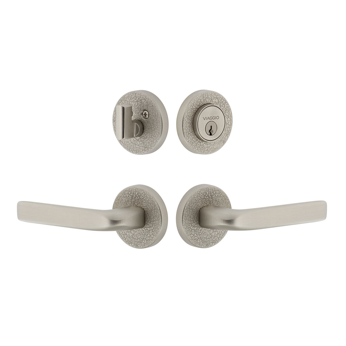 Circolo Leather Rosette Entry Set with Bella Lever in Satin Nickel